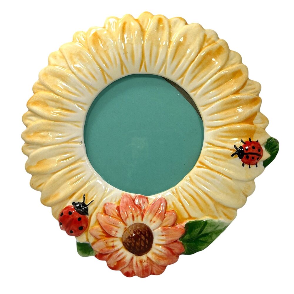Vintage Ceramic Ladybug Sunflower Picture Photo Frame 3X3" Yellow Flower READ!